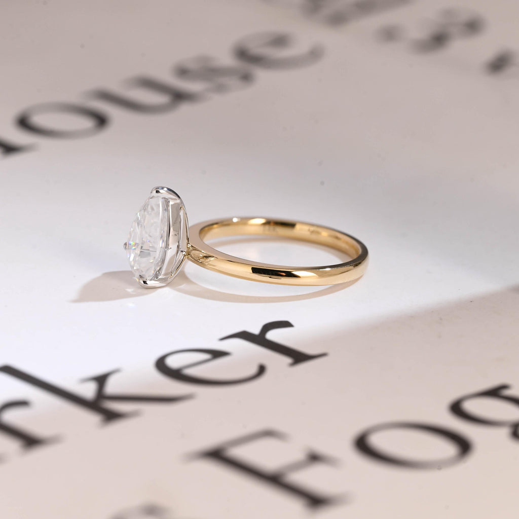 Solid Gold Two Tone Pear Cut Moissanite Engagement Ring, Unique Anniversary Ring