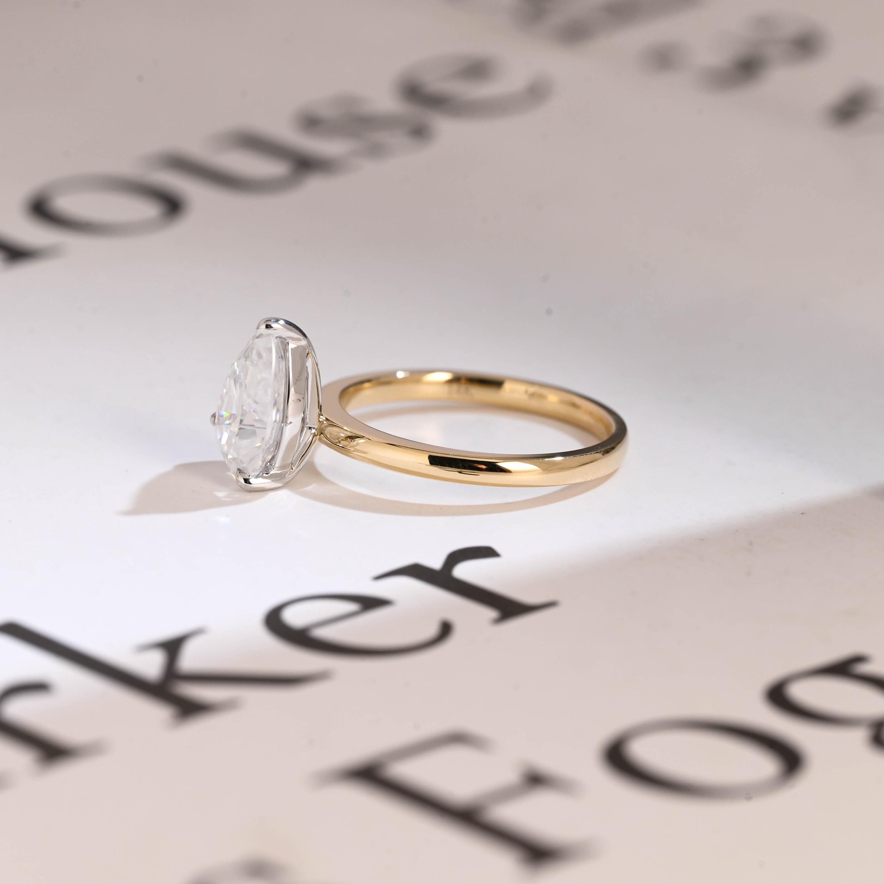 Solid Gold Two Tone Pear Cut Moissanite Engagement Ring, Unique Anniversary Ring