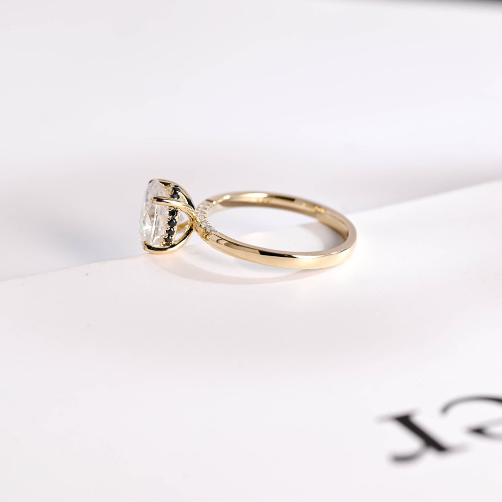 Solid Gold Oval Cut Moissanite Engagement Ring with Black Moissanite Hidden Halo