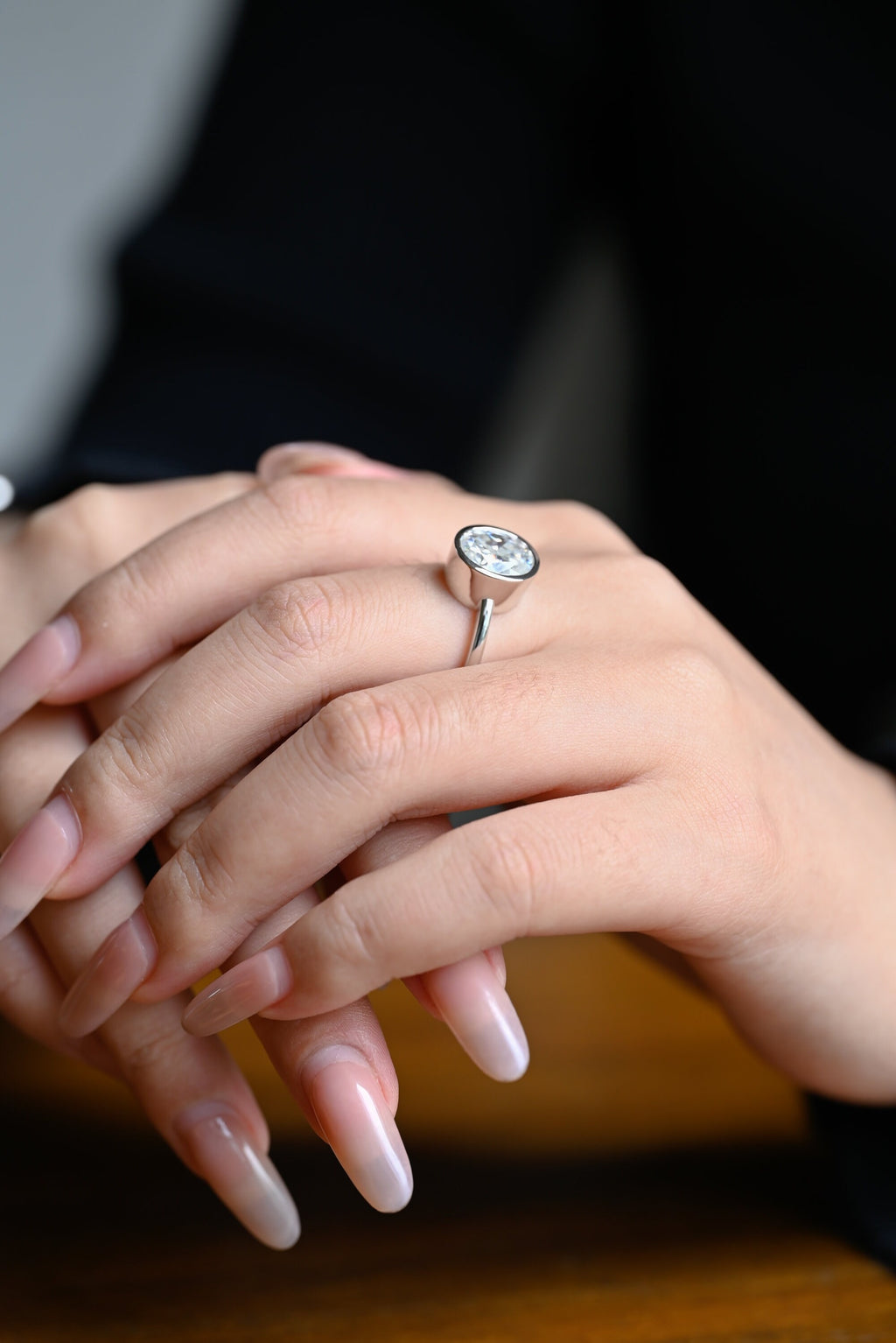 Solid Gold Oval Cut Crushed Ice Moissanite Engagement Ring with Bezel