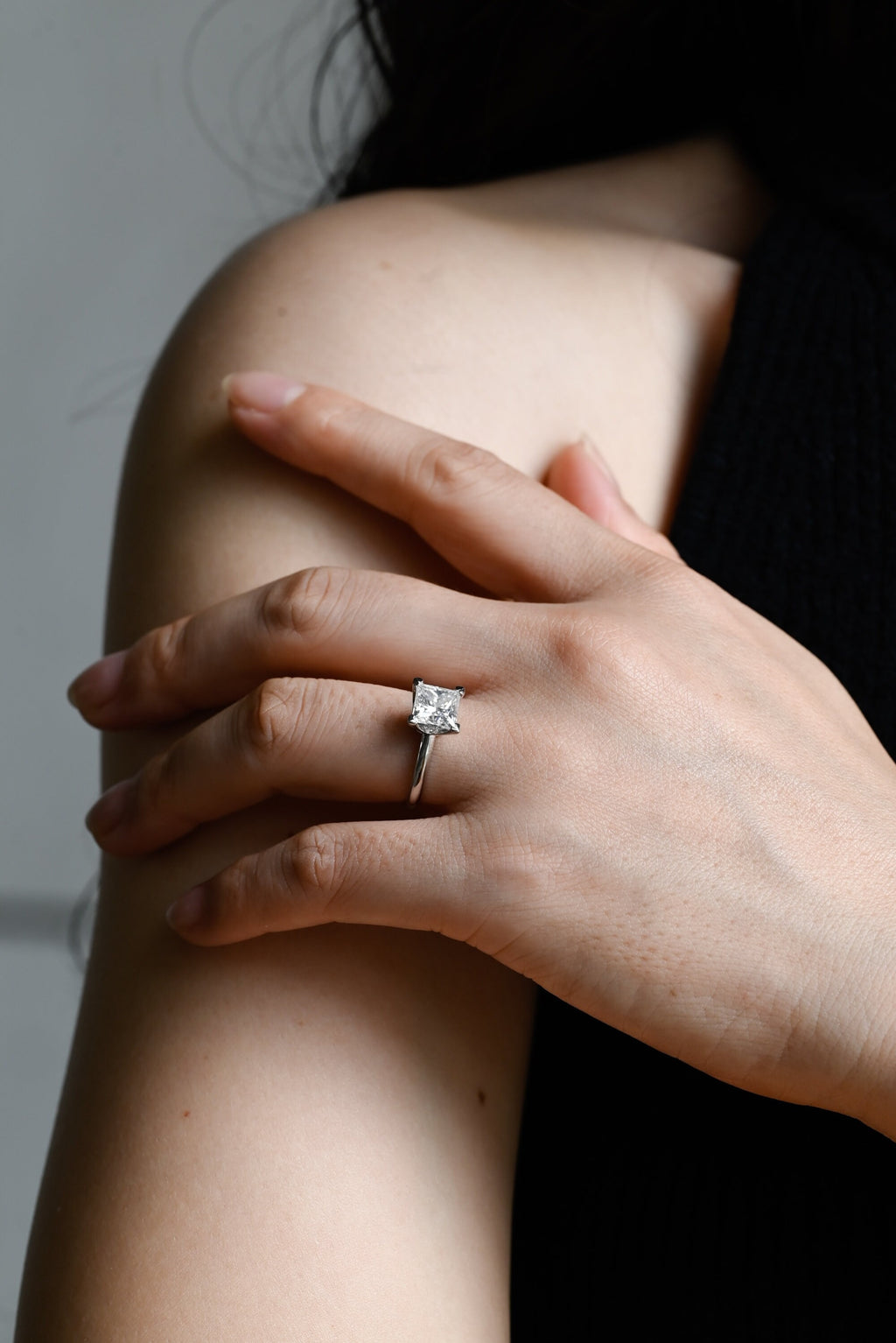 Solid Gold Princess Cut Moissanite Engagement Ring, Art Deco Ring