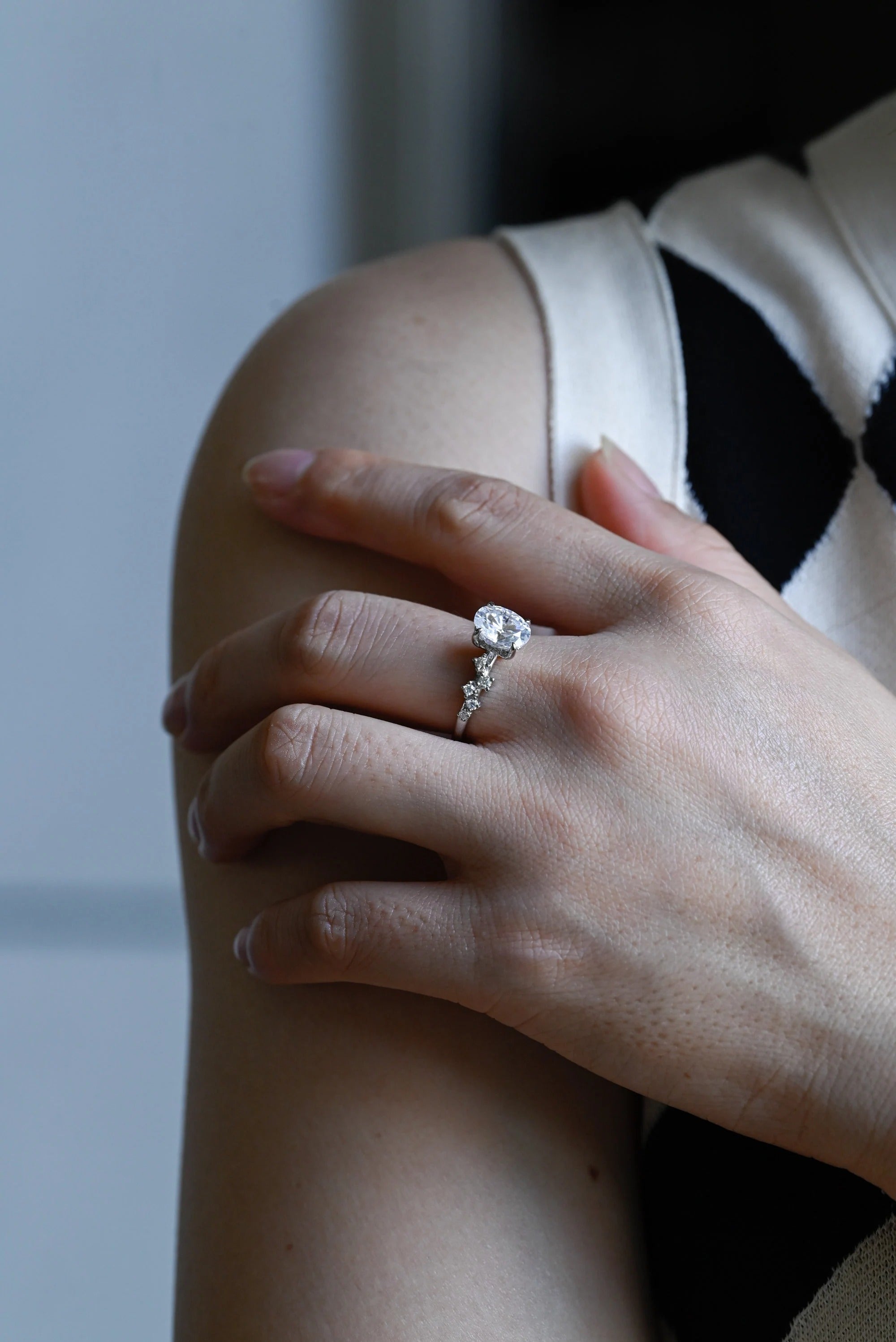 Solid Gold Oval Cut Moissanite Engagement Ring with Hidden Halo