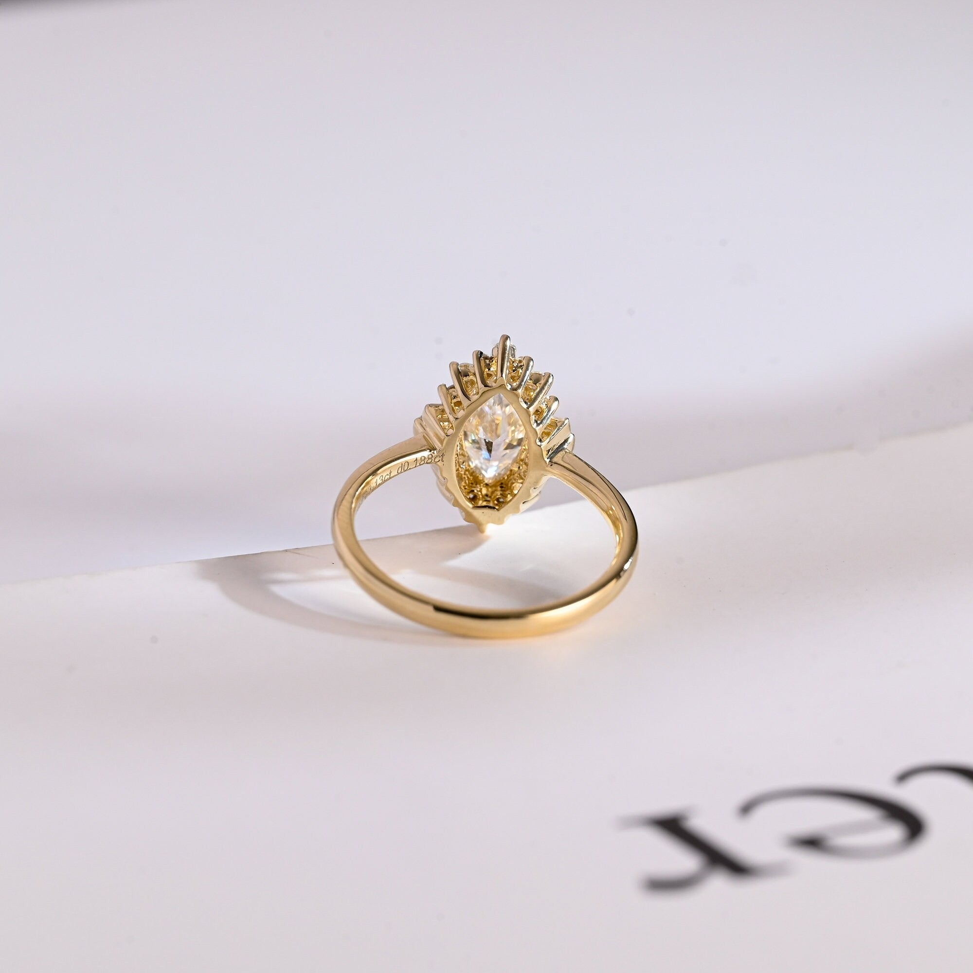Solid Gold Marquise Cut Halo Moissanite Engagement Ring, Bridal Ring for Women