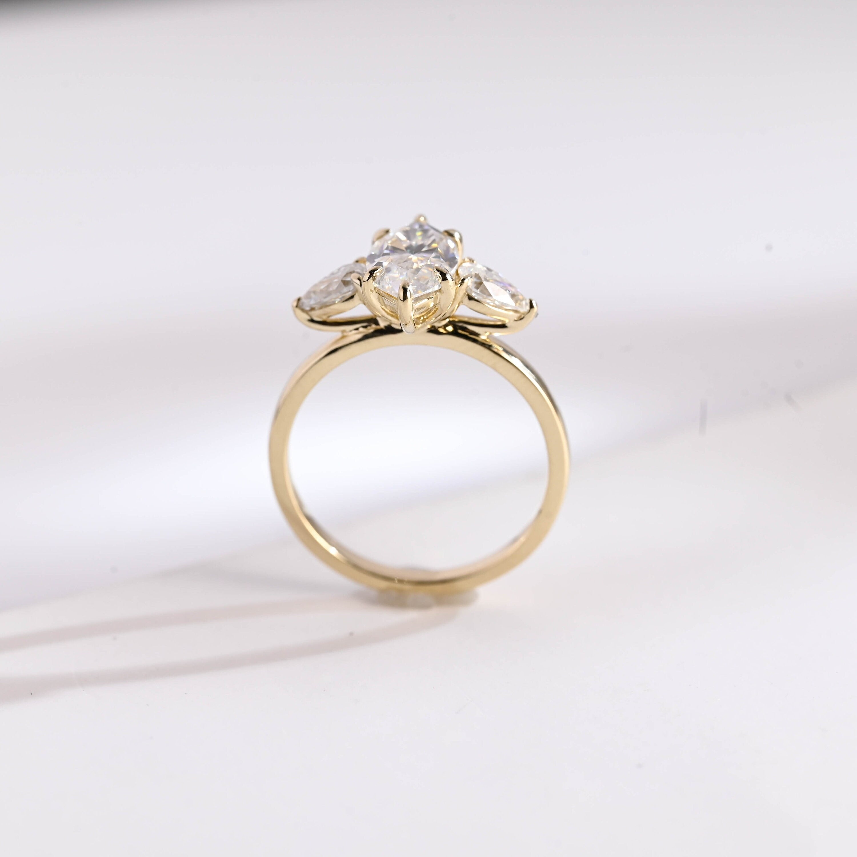 Solid Gold Marquise Cut Moissanite Engagement Ring, Three Stone Ring