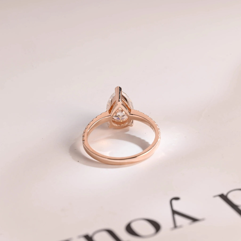 Solid Gold Pear Cut Moissanite Engagement Ring, Half Pave Proposal Ring