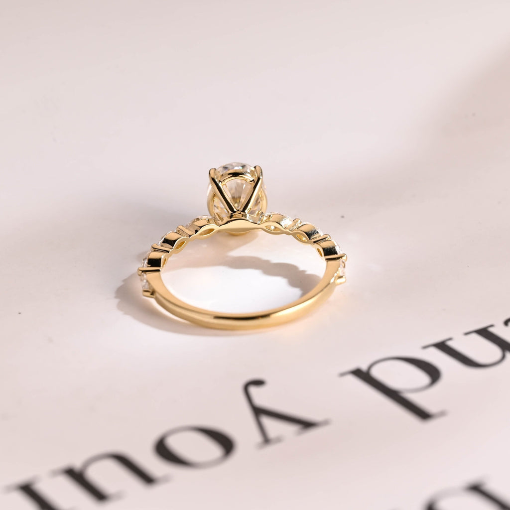 Solid Gold Oval Moissanite Engagement Ring with Marquise Moissanite Accent