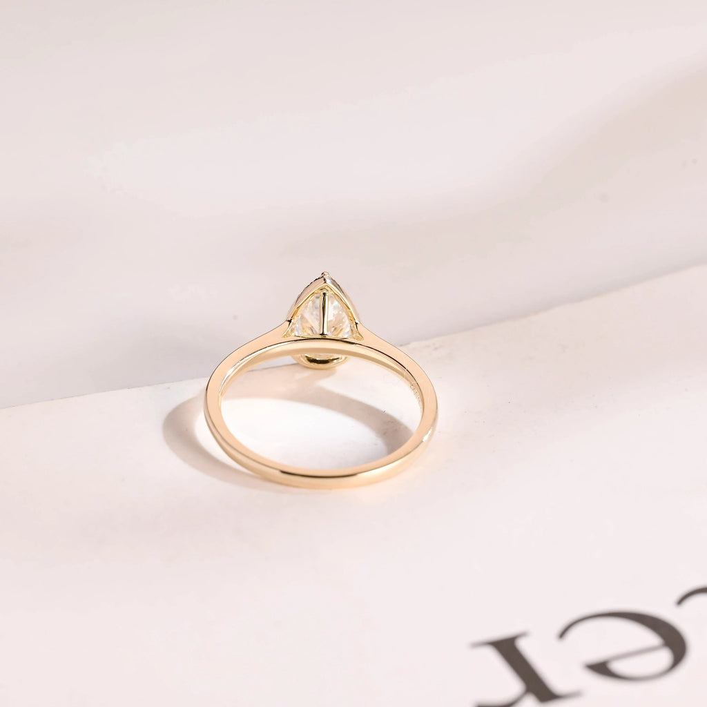 Solid Gold Pear Moissanite Engagement Ring, Flower Halo Promise Ring for Her