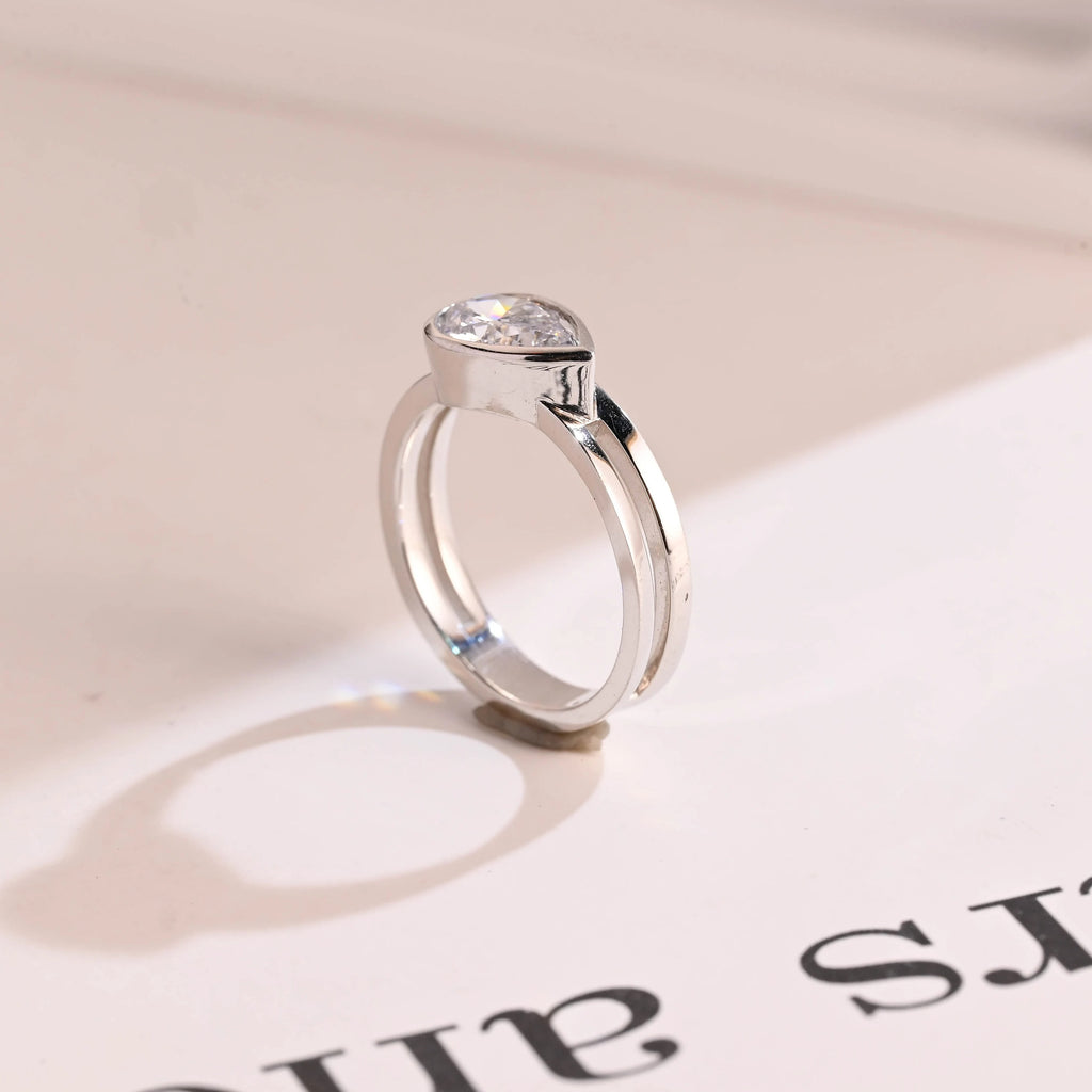 Solid Gold Pear Cut Moissanite Engagement Ring, Double Band Ring