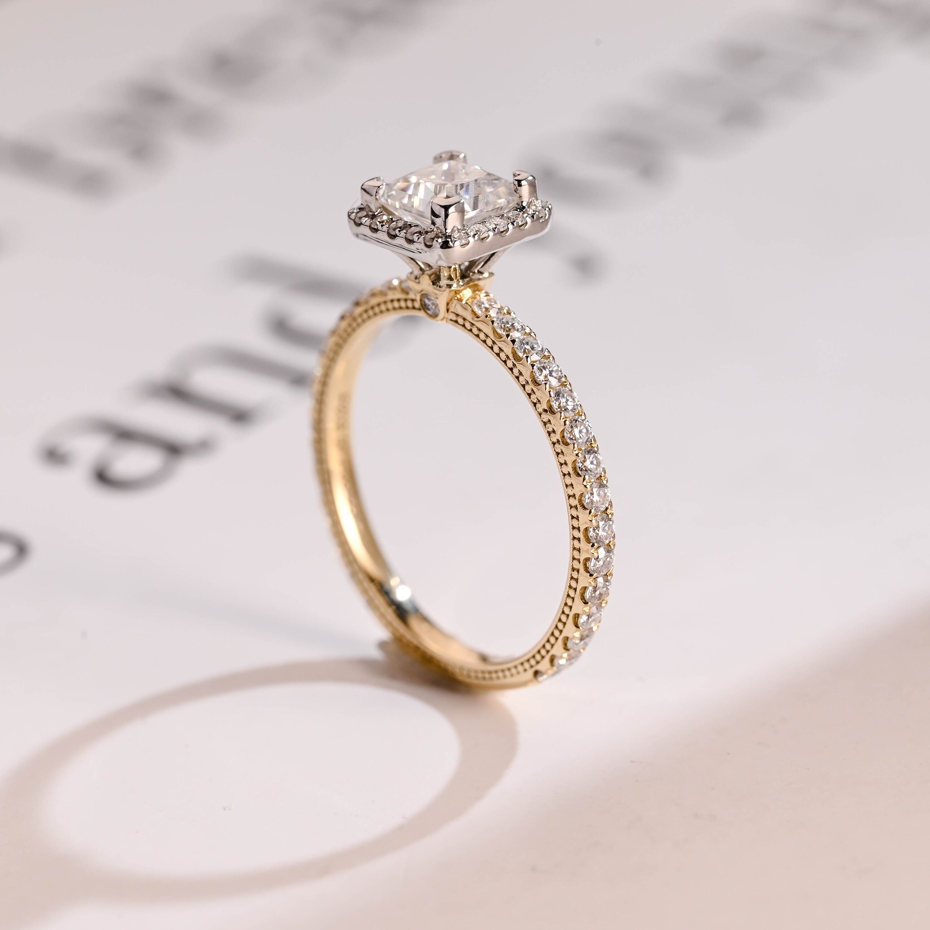 Solid Gold Two Tone Princess Moissanite Engagement Ring, Halo Bridal Ring