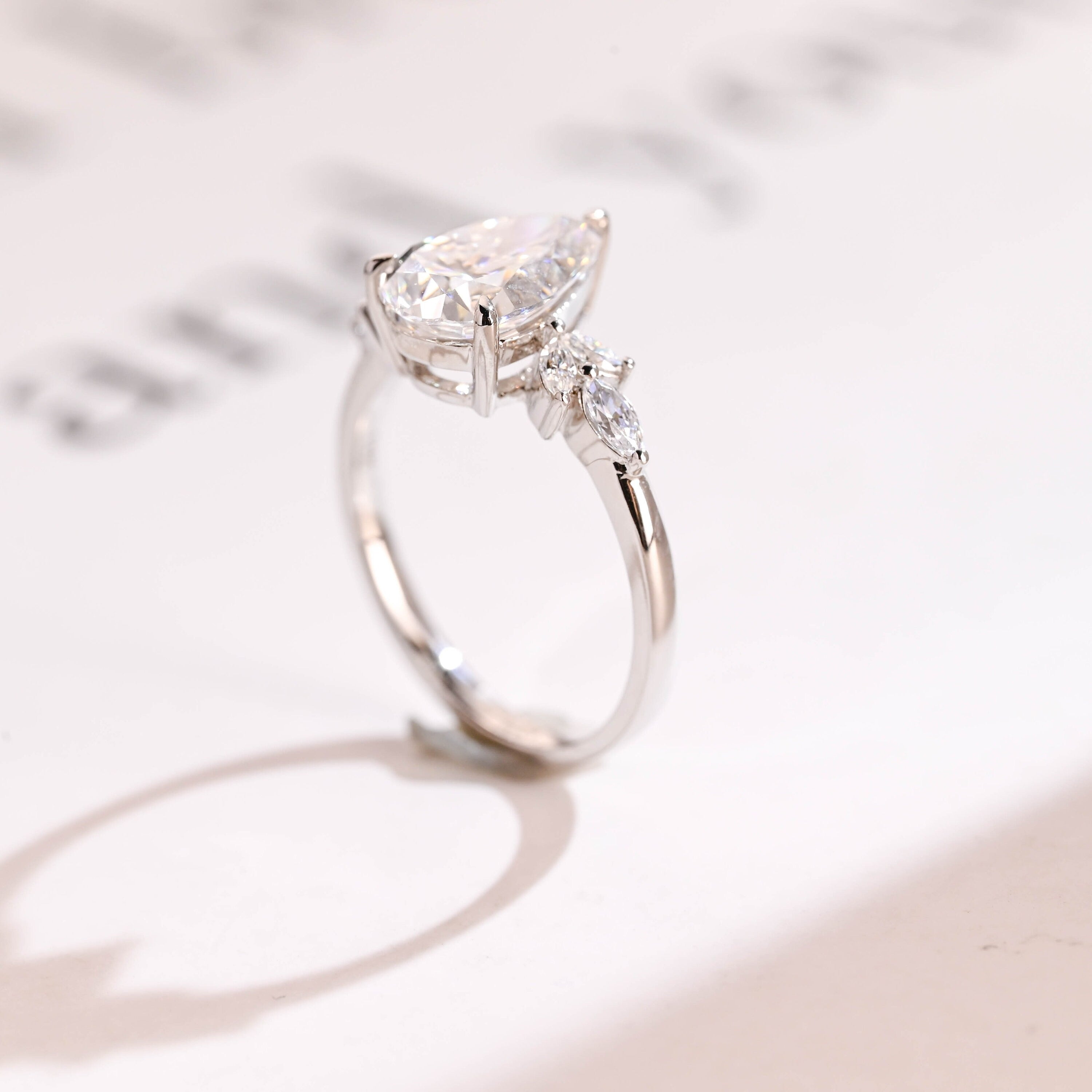 Solid Gold Pear Moissanite Engagement Ring, Proposal Ring for Her Secondary image