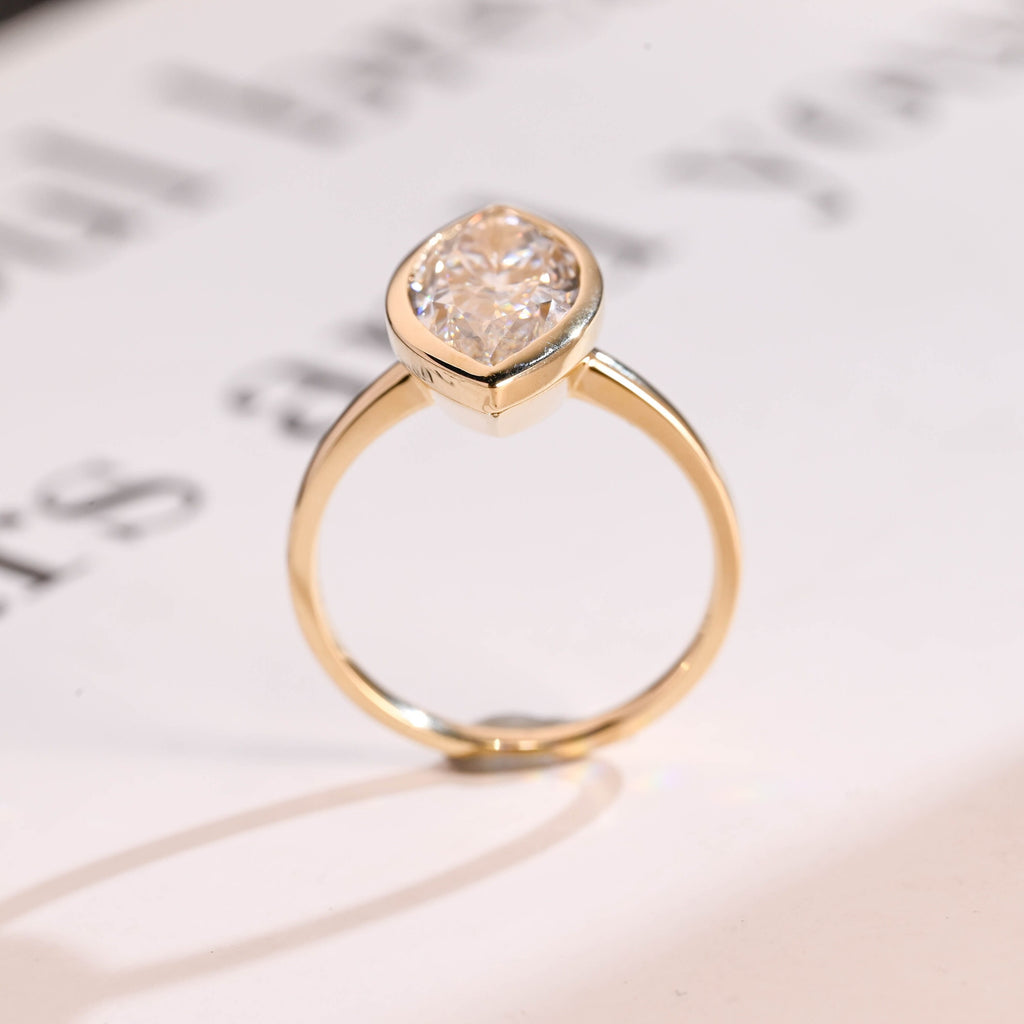 Solid Gold Marquise Moissanite Engagement Ring, Vintage Bezel Ring
