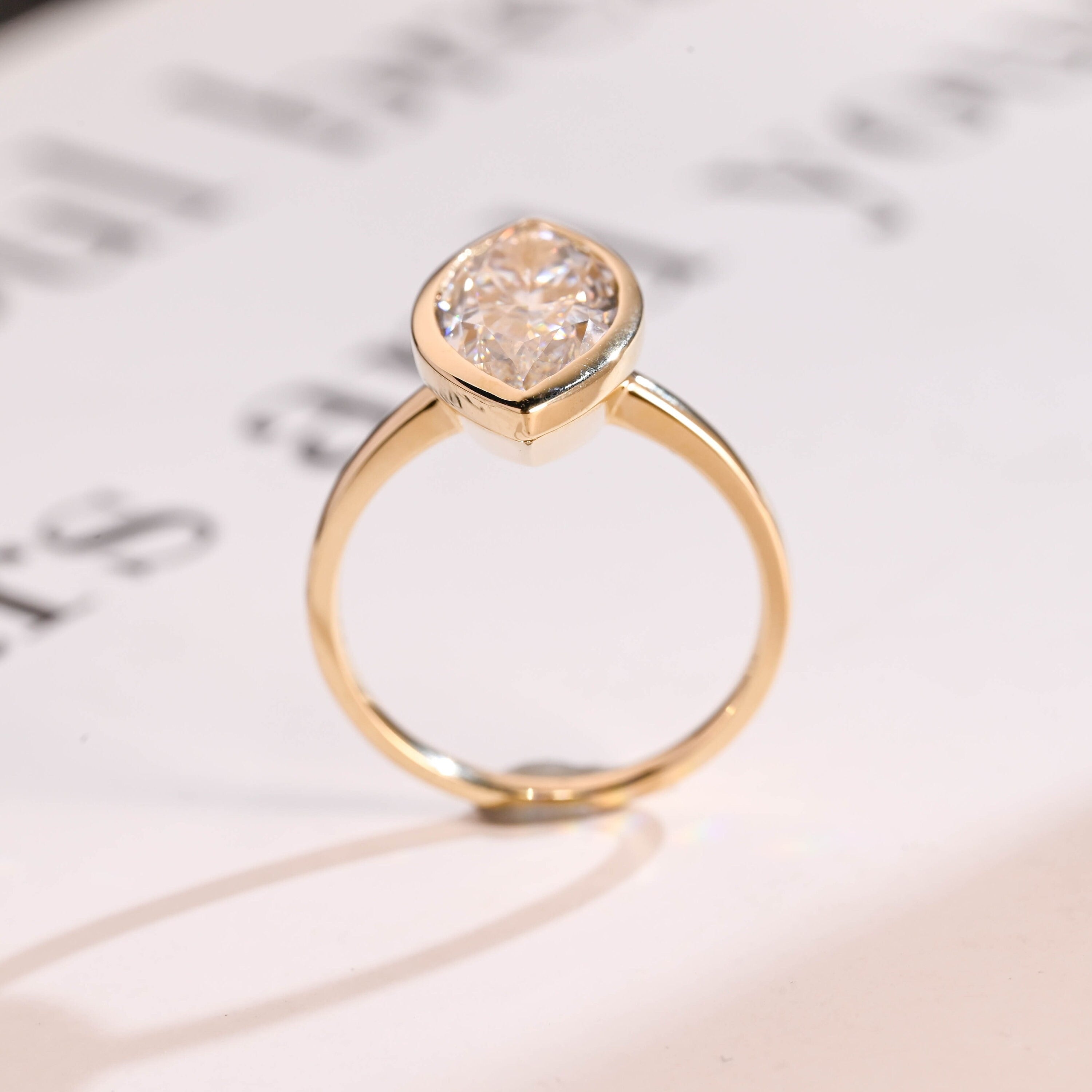 Solid Gold Marquise Moissanite Engagement Ring, Vintage Bezel Ring
