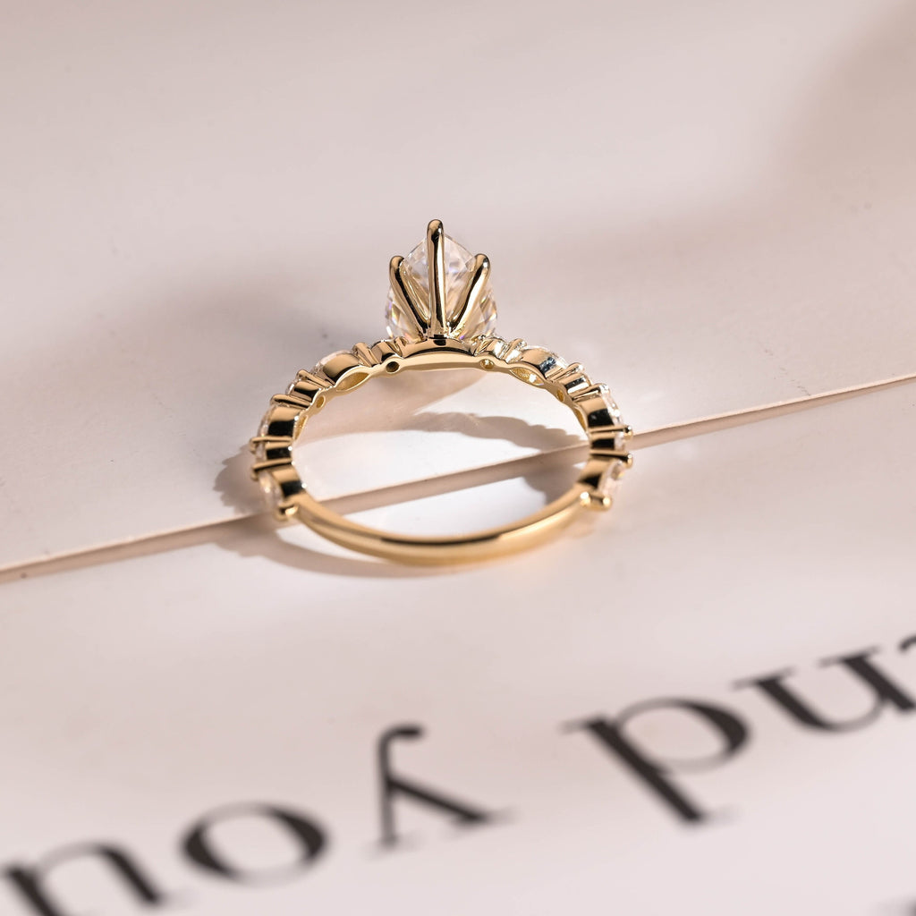 Solid Gold Pear Cut Moissanite Engagement Ring, Half Pave Proposal Ring