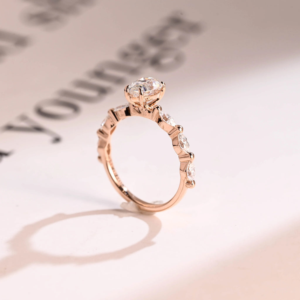 Solid Gold Pear Cut Moissanite Engagement Ring, Half Pave Proposal Ring