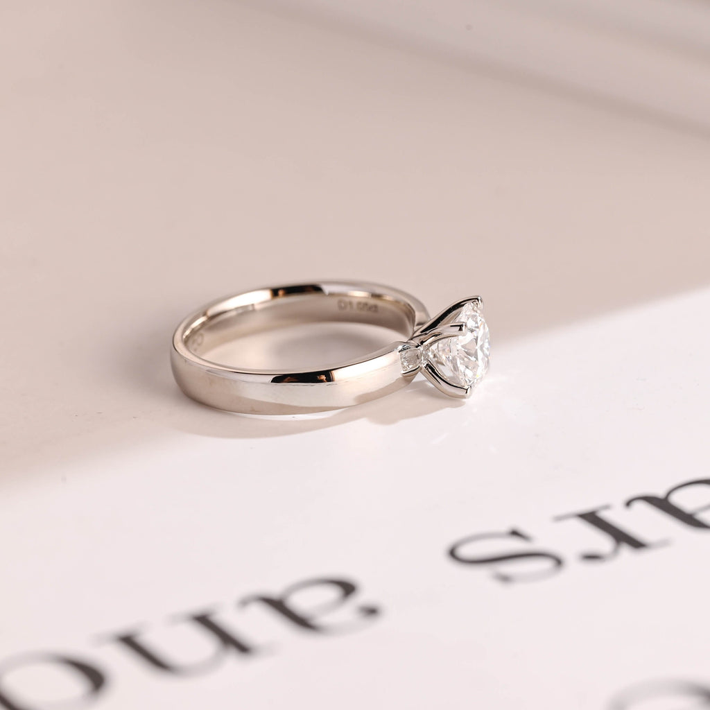 Solid Gold Minimalist Round Moissanite Engagement Ring, 3.5mm Width Band Ring