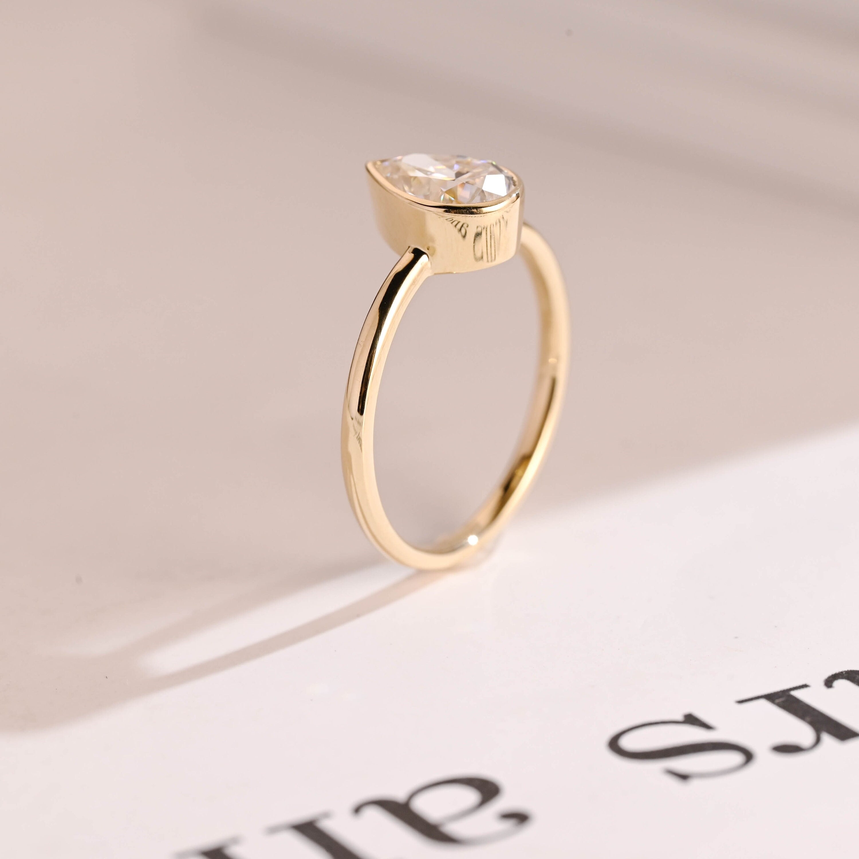 Solid Gold Pear Moissanite Engagement Ring with Bezel, Dainty Ring Secondary image