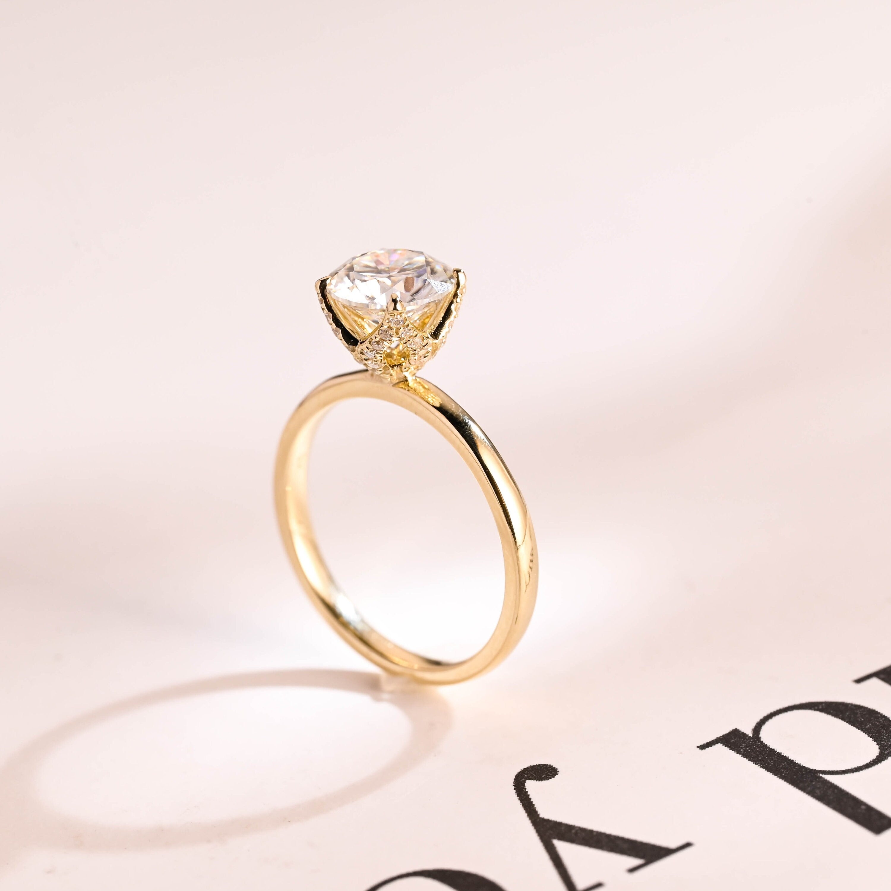 Solid Gold Tulip Floral Hidden Halo Round Moissanite Engagement Ring, Anniversary Gift for Her Secondary image