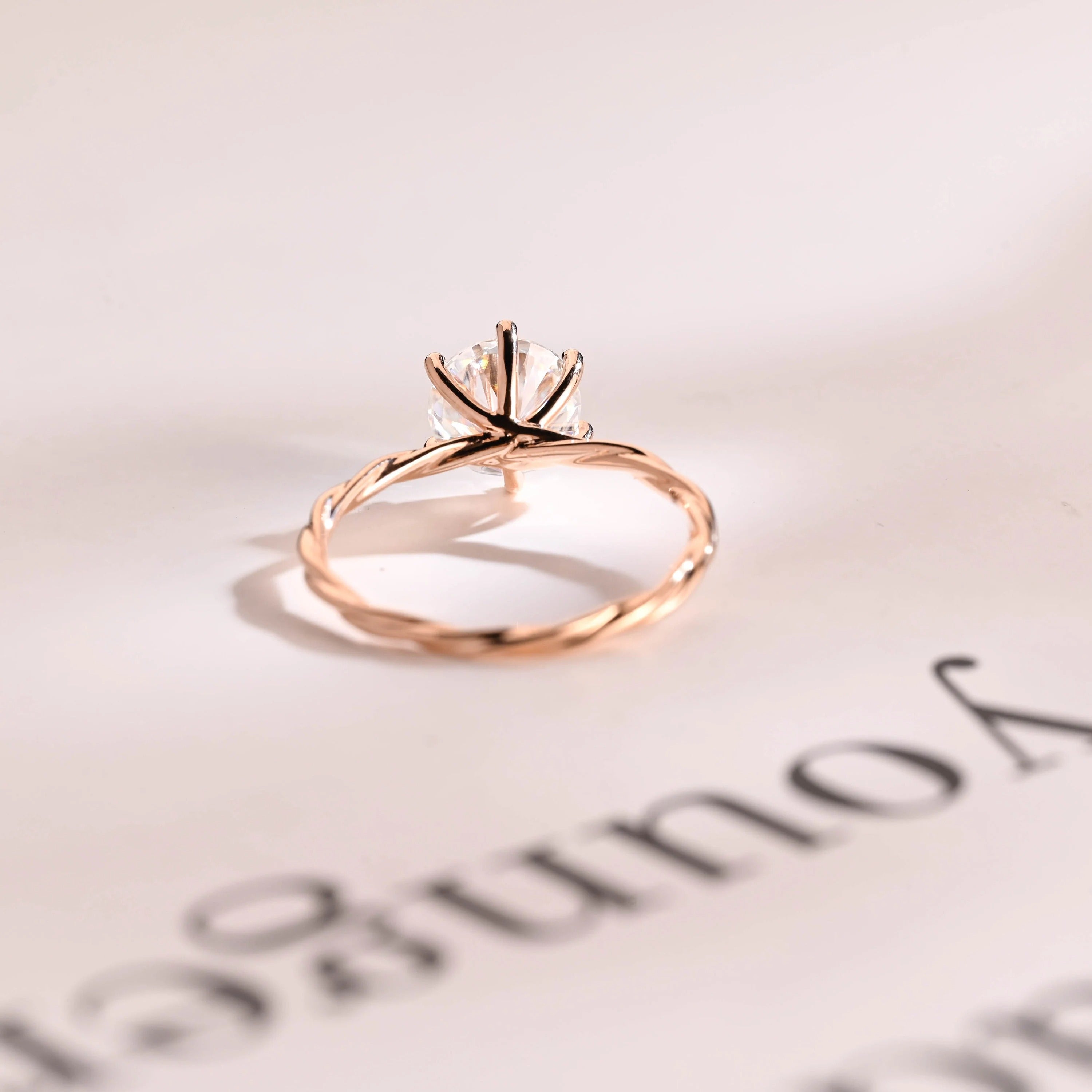 Solid Gold Moissanite Engagement Ring, Twisted Rope Band
