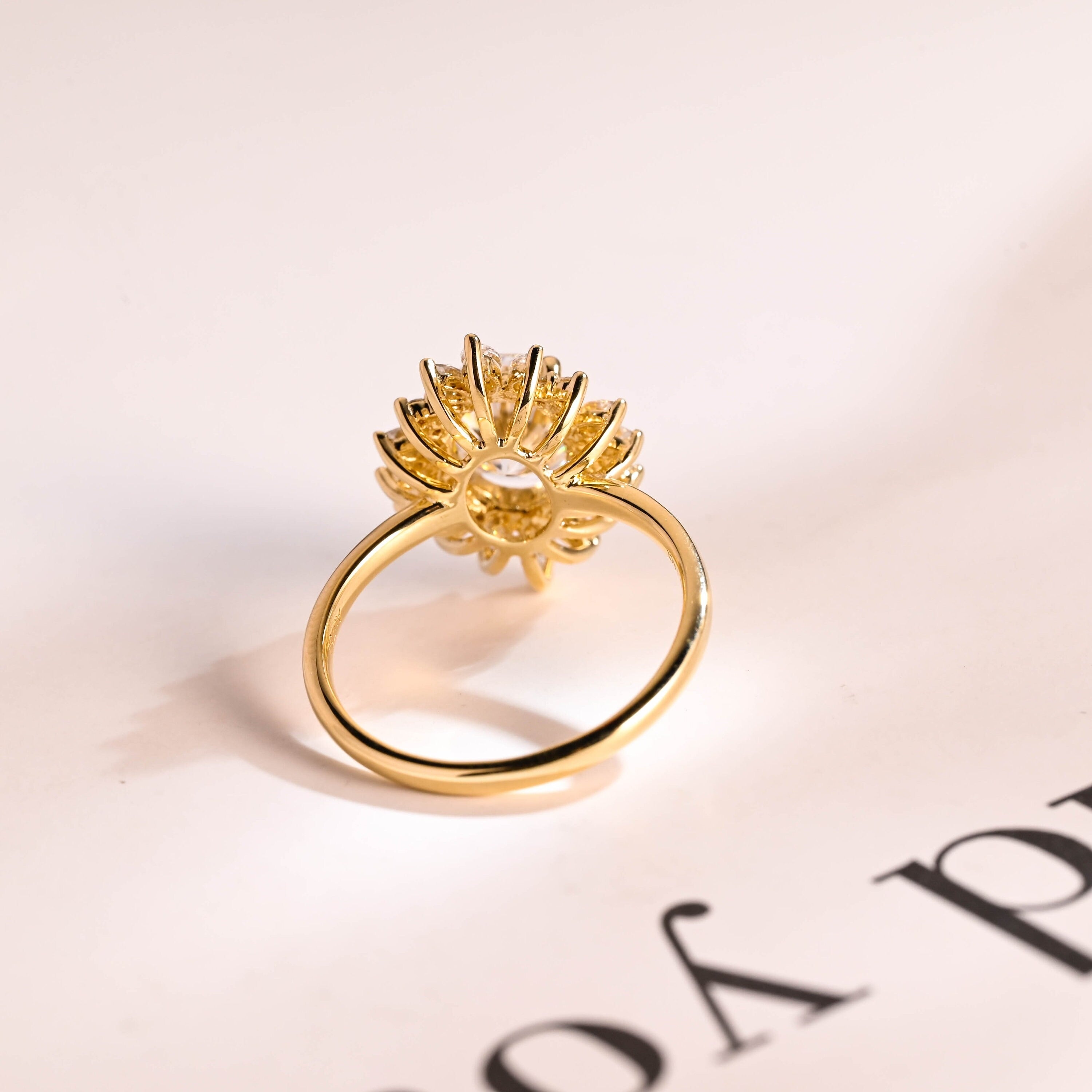 Solid Gold Oval Moissanite Engagement Ring, Floral Halo Proposal Ring