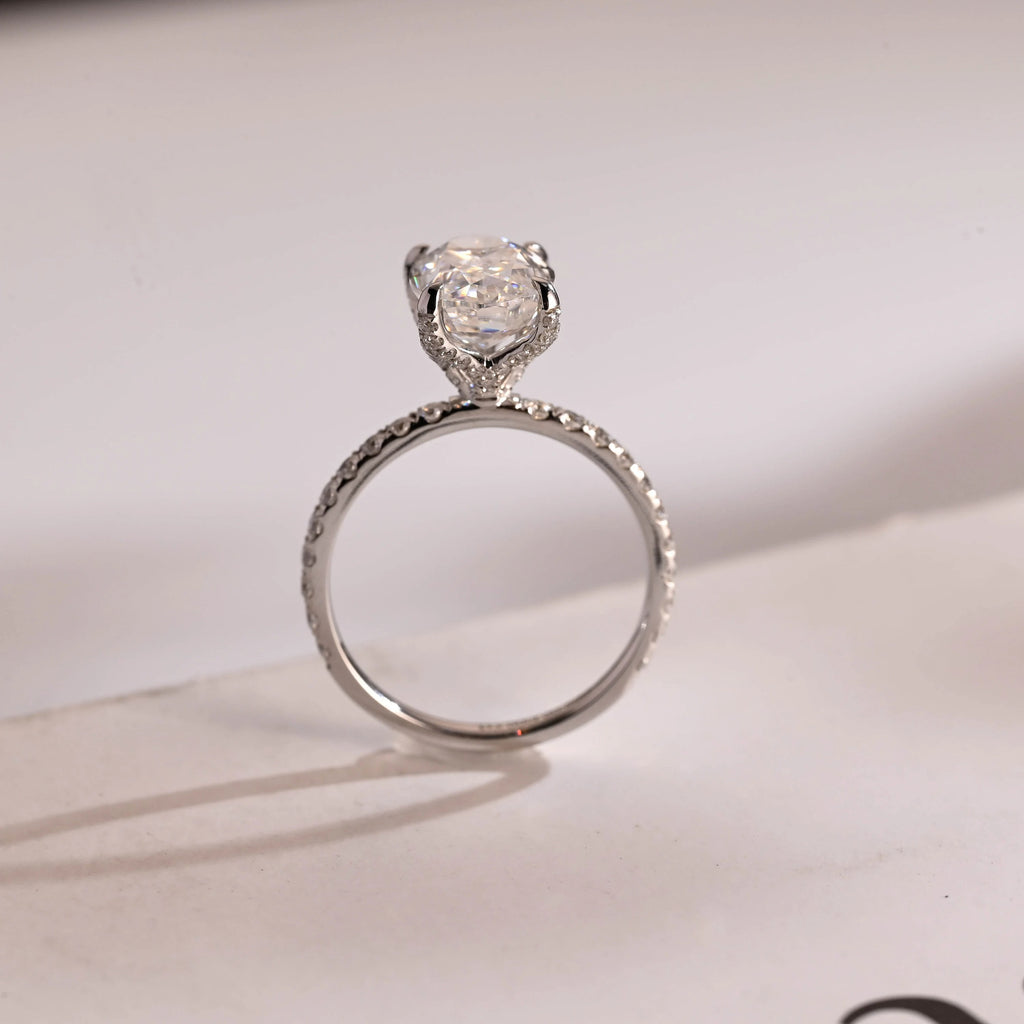 Solid Gold Crushed Ice Elongated Oval Moissanite Engagement Ring