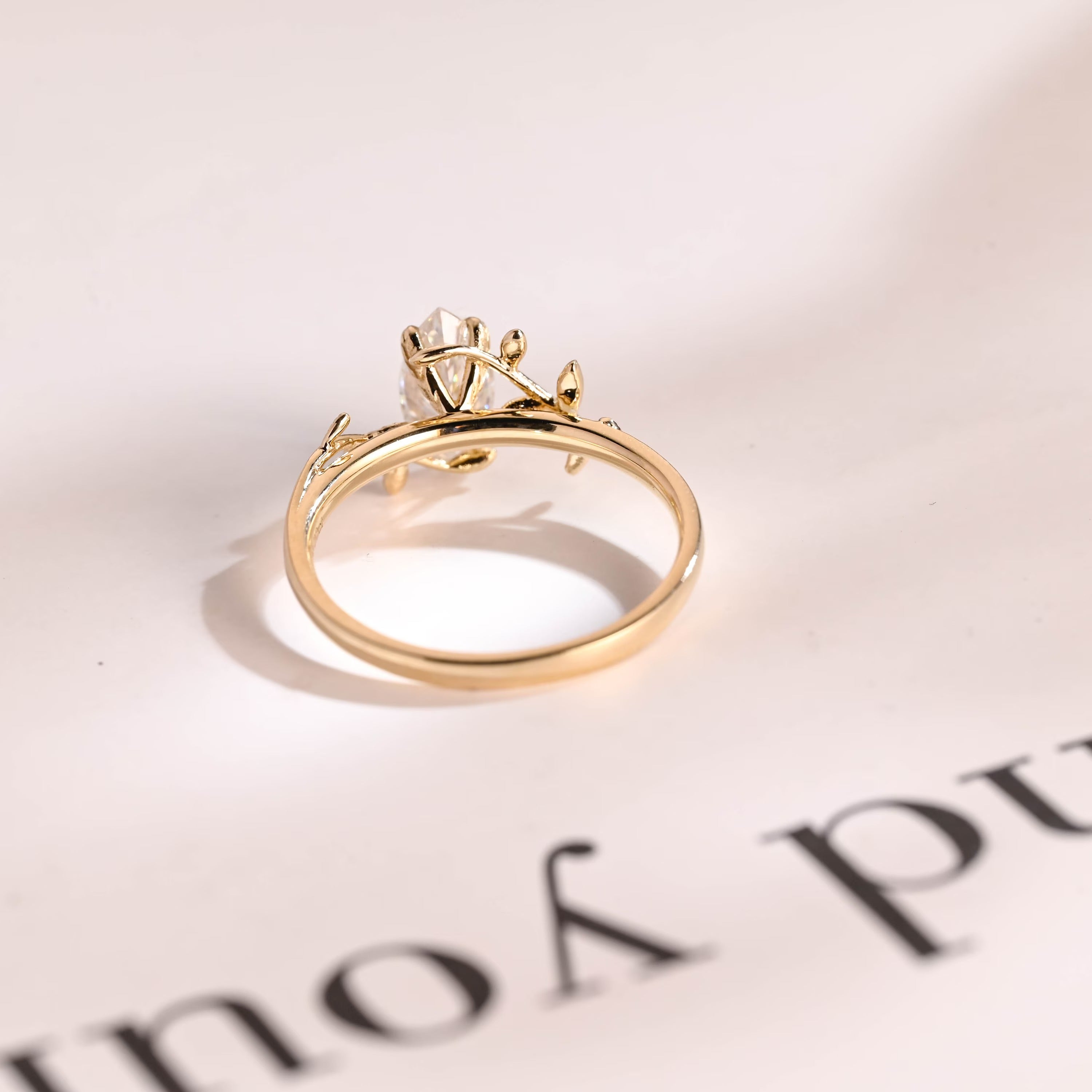Solid Gold Leaf Ring, Marquise Moissanite Engagement Ring, Proposal Ring