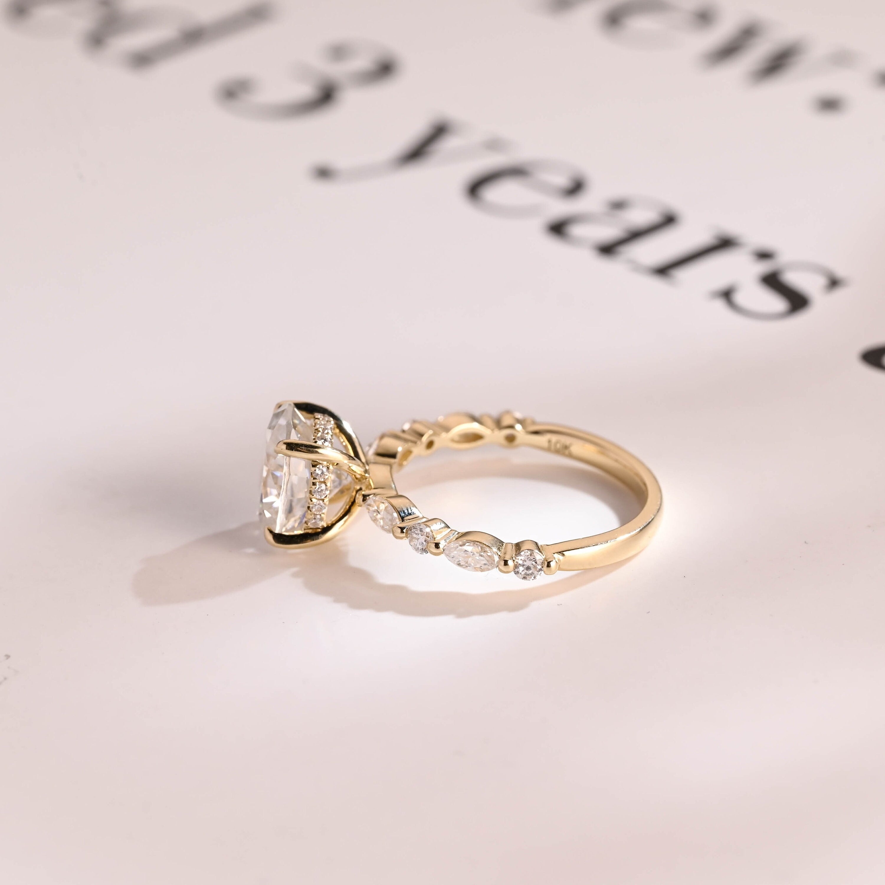 Solid Gold Oval Moissanite Engagement Ring, Hidden Halo Proposal Ring