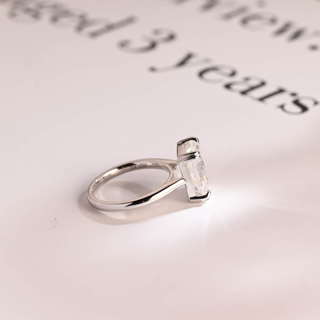 Solid Gold Double Claws Emerald Cut Moissanite Engagement Ring, Anniversary Gift