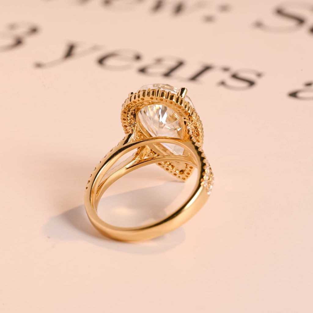 Solid Gold Pear Moissanite Engagement Ring, Double Band Split Shank Halo & Half Eternity Proposal Ring