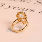 Solid Gold Pear Moissanite Engagement Ring, Double Band Split Shank Halo & Half Eternity Proposal Ring