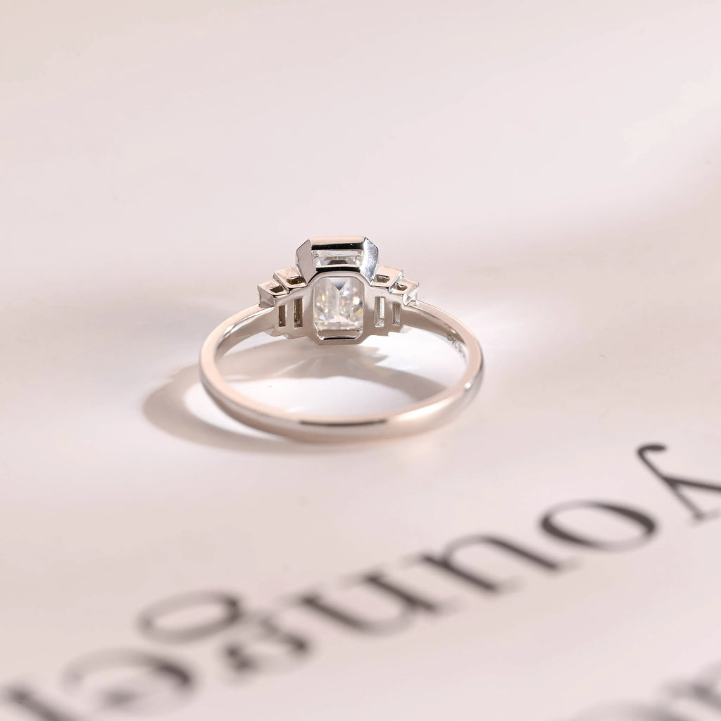 Solid Gold Emerald & Baguette Cut Moissanite Engagement Ring, Minimalist Cluster Bezel Ring
