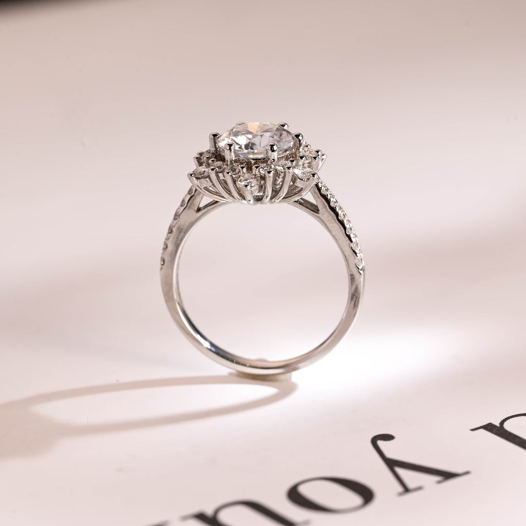 Solid Gold Sunflower Round Moissanite Engagement Ring, Half Eternity Promise Ring