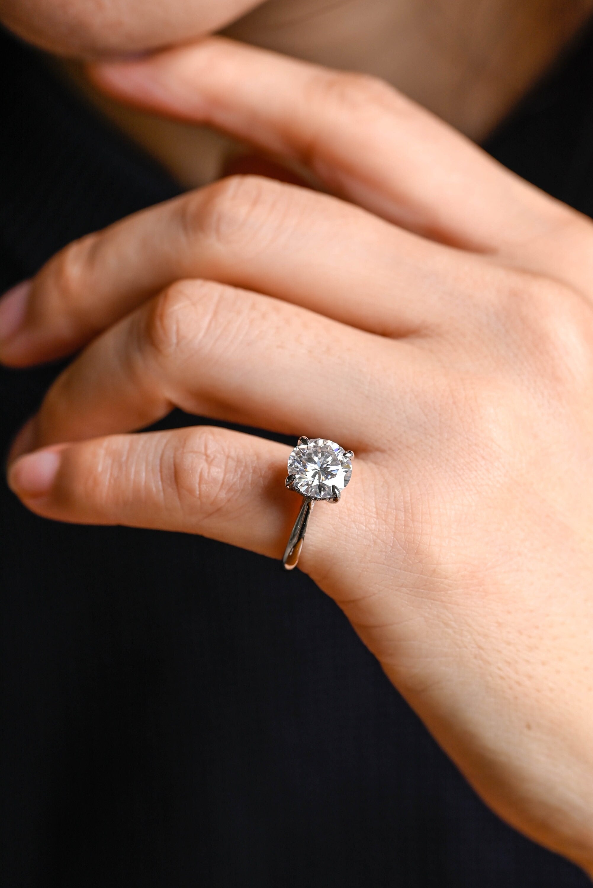 Solid Gold Round Cut Moissanite Engagement Ring with Hidden Halo