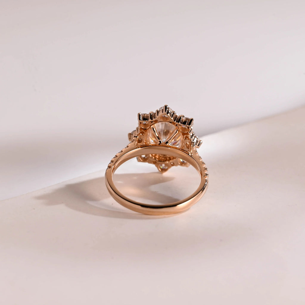 Solid Gold Floral Halo Oval Moissanite Half Eternity Engagement Ring