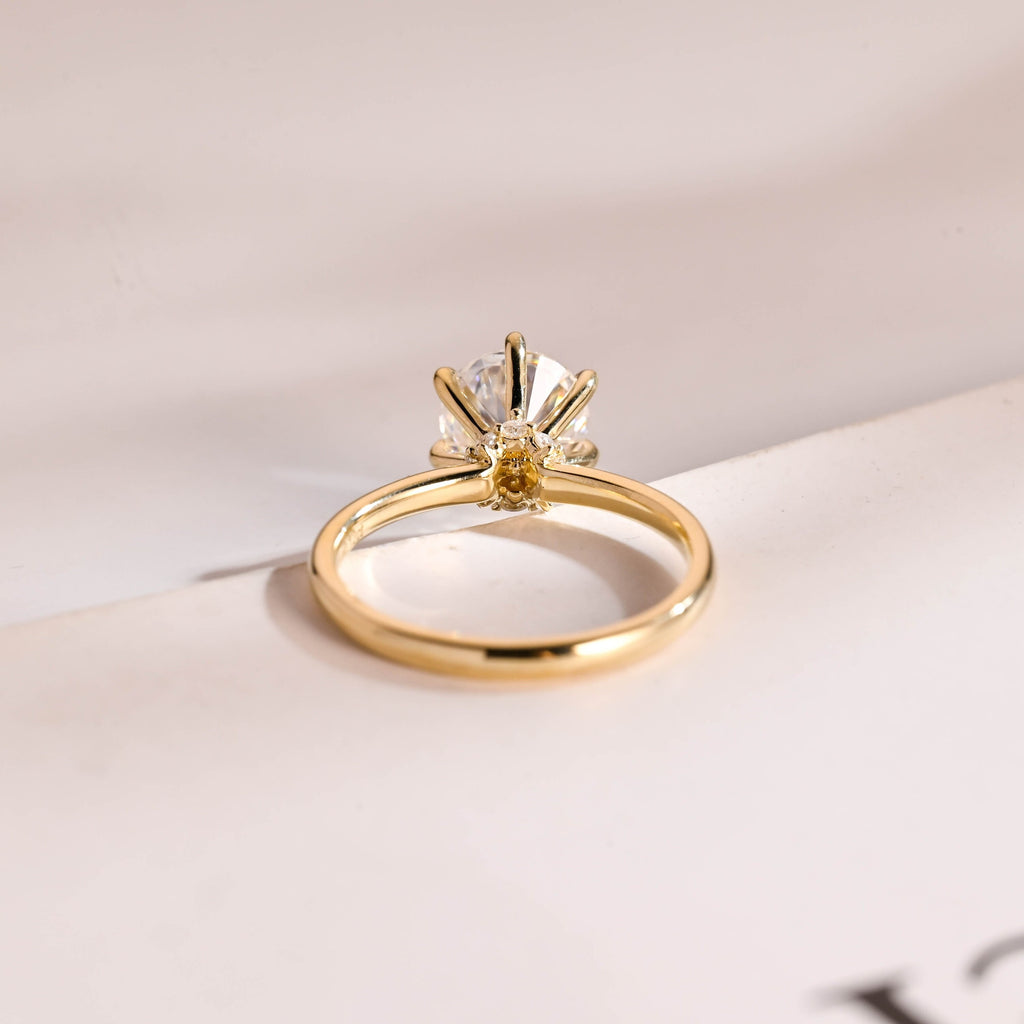 Solid Gold Hidden Halo Round Cut Moissanite Engagement Ring, Solitaire Promise Ring for Her