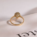 Solid Gold Floral Halo Oval Moissanite Engagement Ring, Half Eternity Proposal Ring