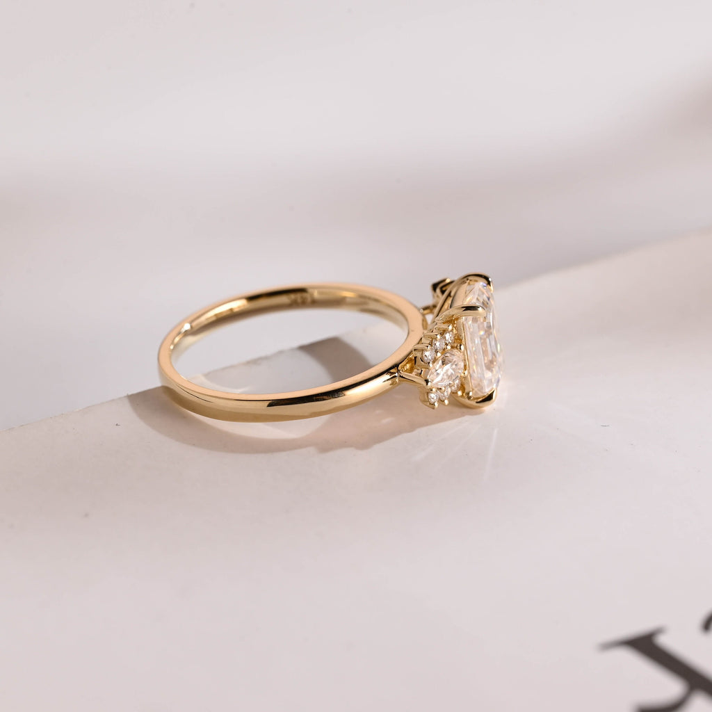 Solid Gold Emerald Cut Moissanite Engagement Ring With Trapezoid, Dainty Cluster Promise Ring