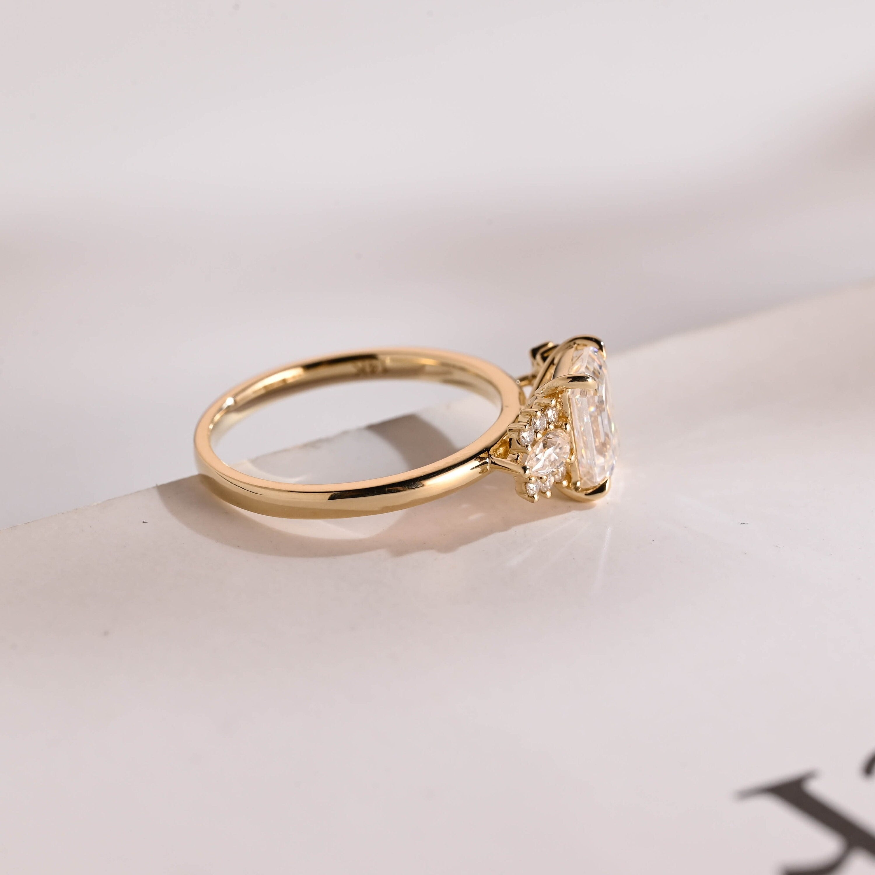 Solid Gold Emerald Cut Moissanite Engagement Ring With Trapezoid, Dainty Cluster Promise Ring