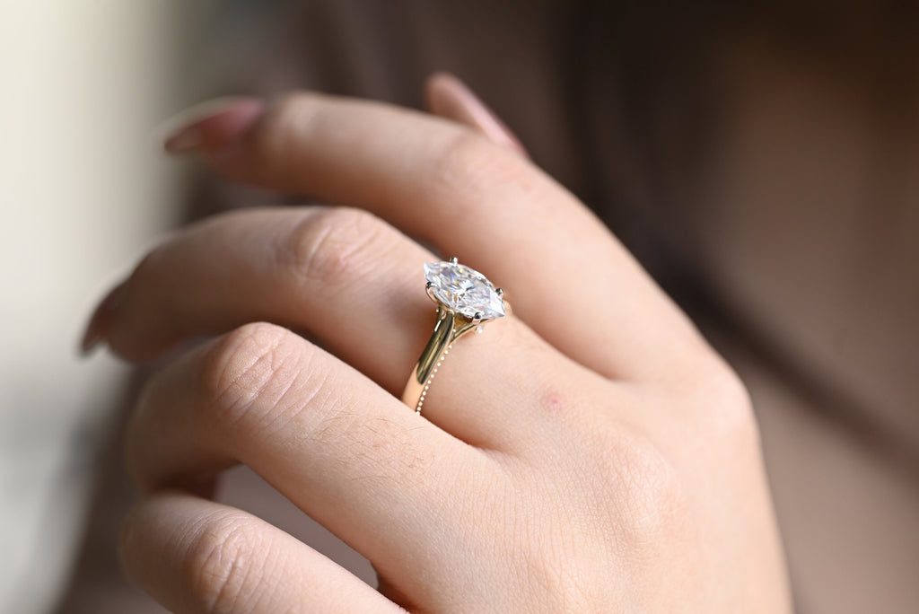 Solid Gold Two Tone Marquise Moissanite Engagement Ring, Unique Proposal Ring