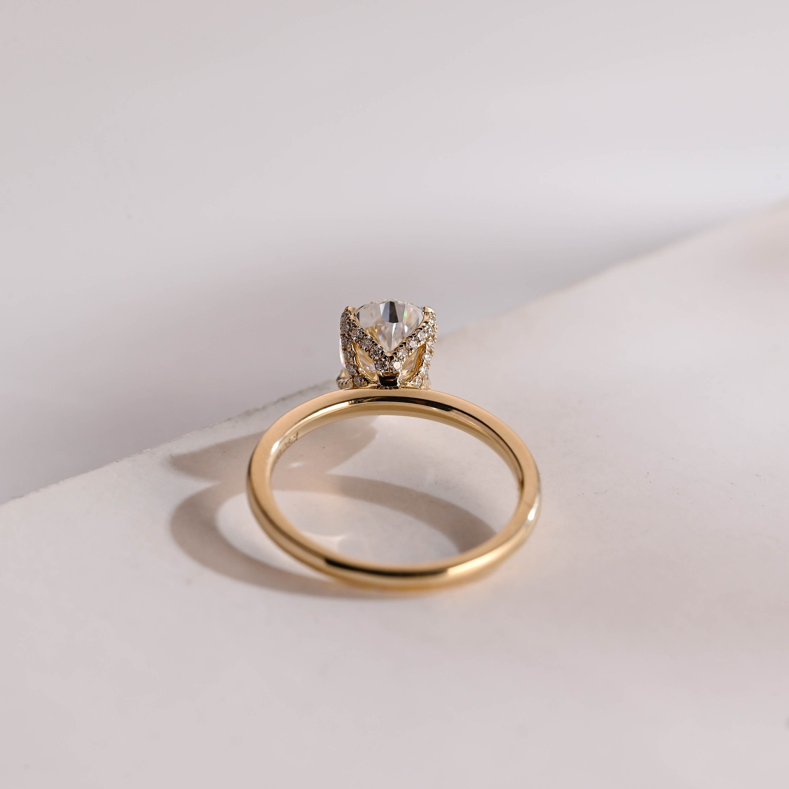 Solid Gold Tulip Flower Pave Crushed Ice Pear Moissanite Engagement Ring