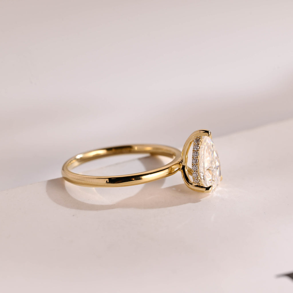 Solid Gold Pear Moissanite Engagement Ring, Hidden Halo Promise Ring