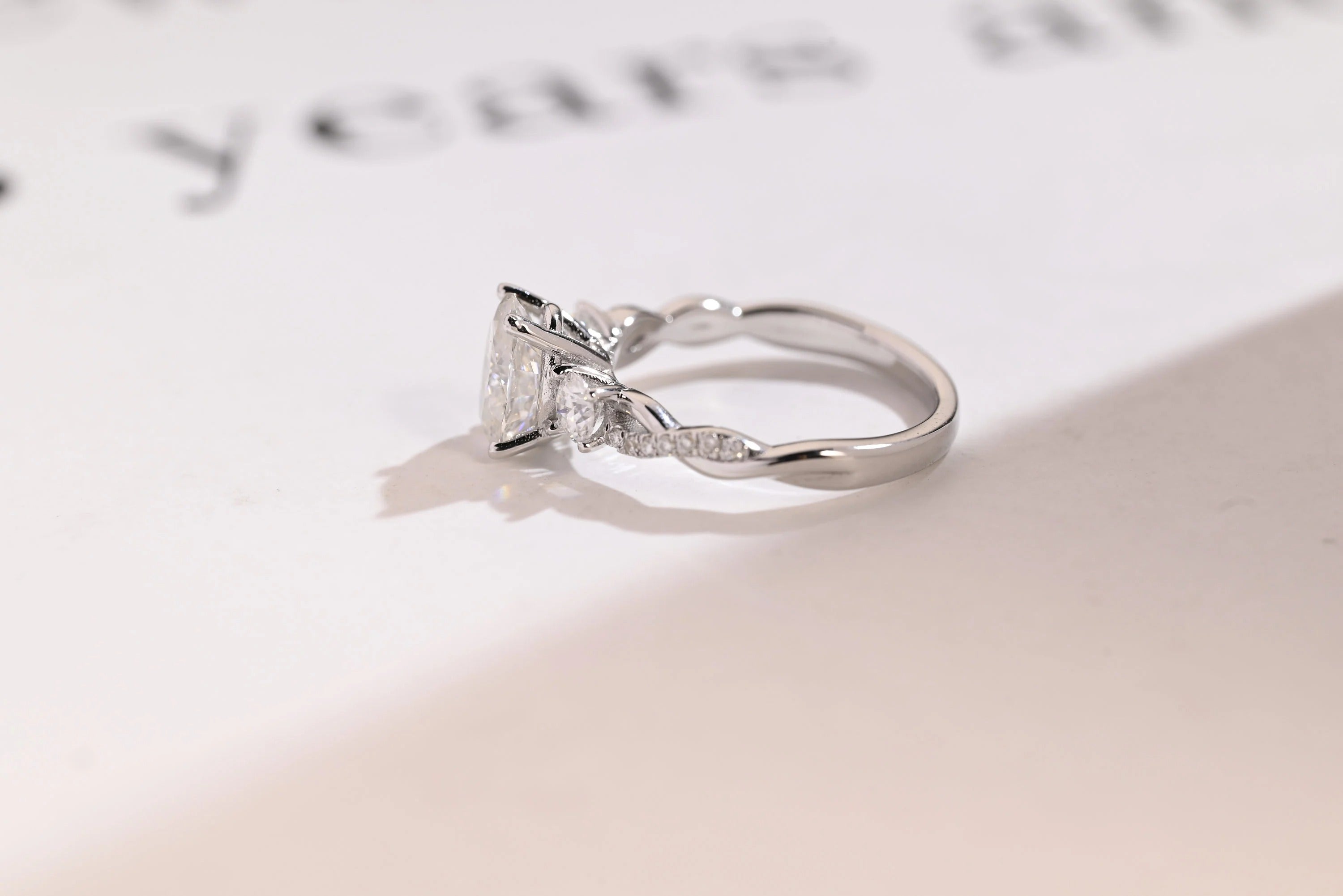 Solid Gold Oval Moissanite Engagement Ring, Twisted Band Half Eternity Bridal Ring Secondary image