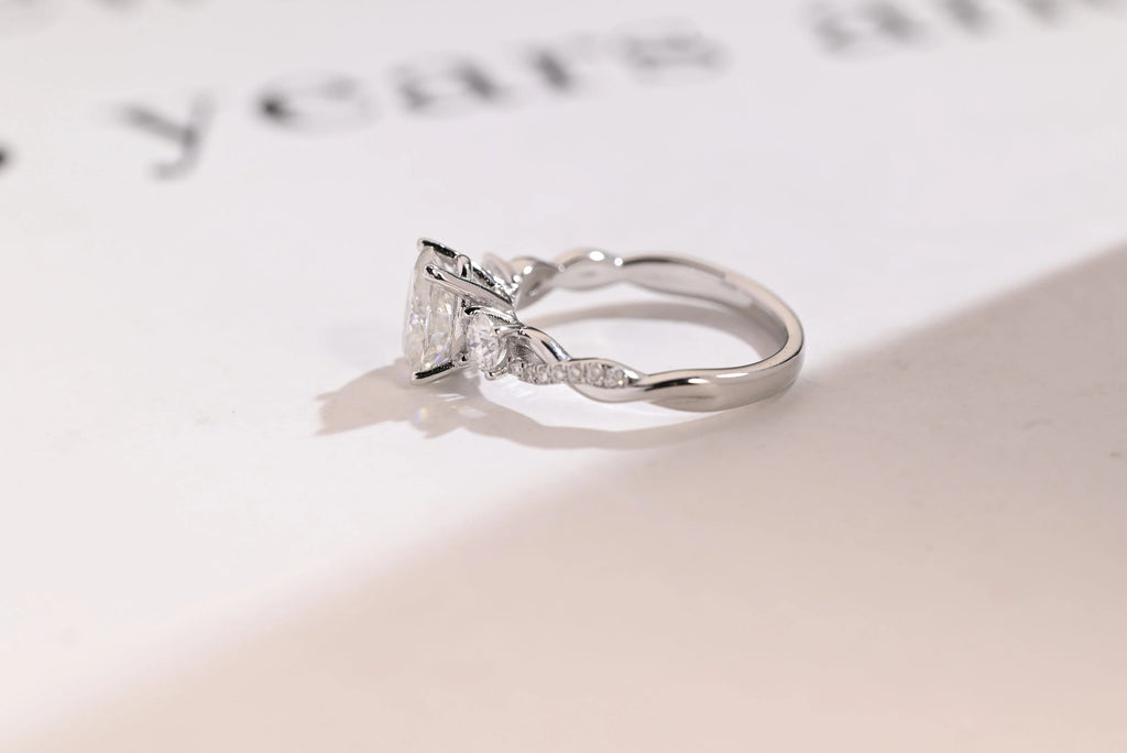 Solid Gold Oval Moissanite Engagement Ring, Twisted Band Half Eternity Bridal Ring