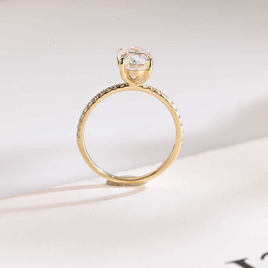Solid Gold Oval Moissanite Engagement Ring, Half Pave Promise Ring