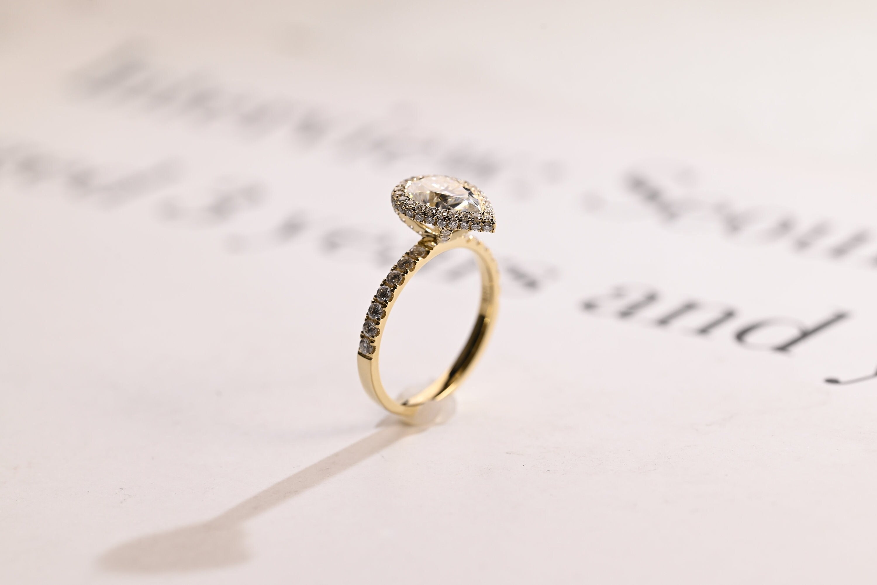 Solid Gold Pear Moissanite Engagement Ring, Half Eternity & Halo Promise/Proposal Ring Secondary image