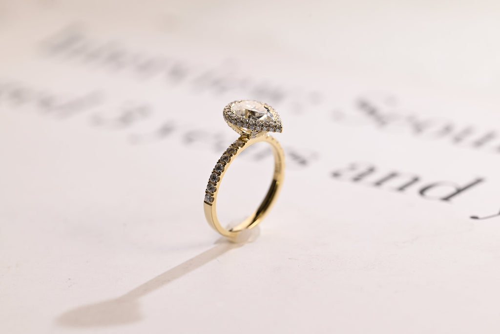Solid Gold Pear Moissanite Engagement Ring, Half Eternity & Halo Promise/Proposal Ring