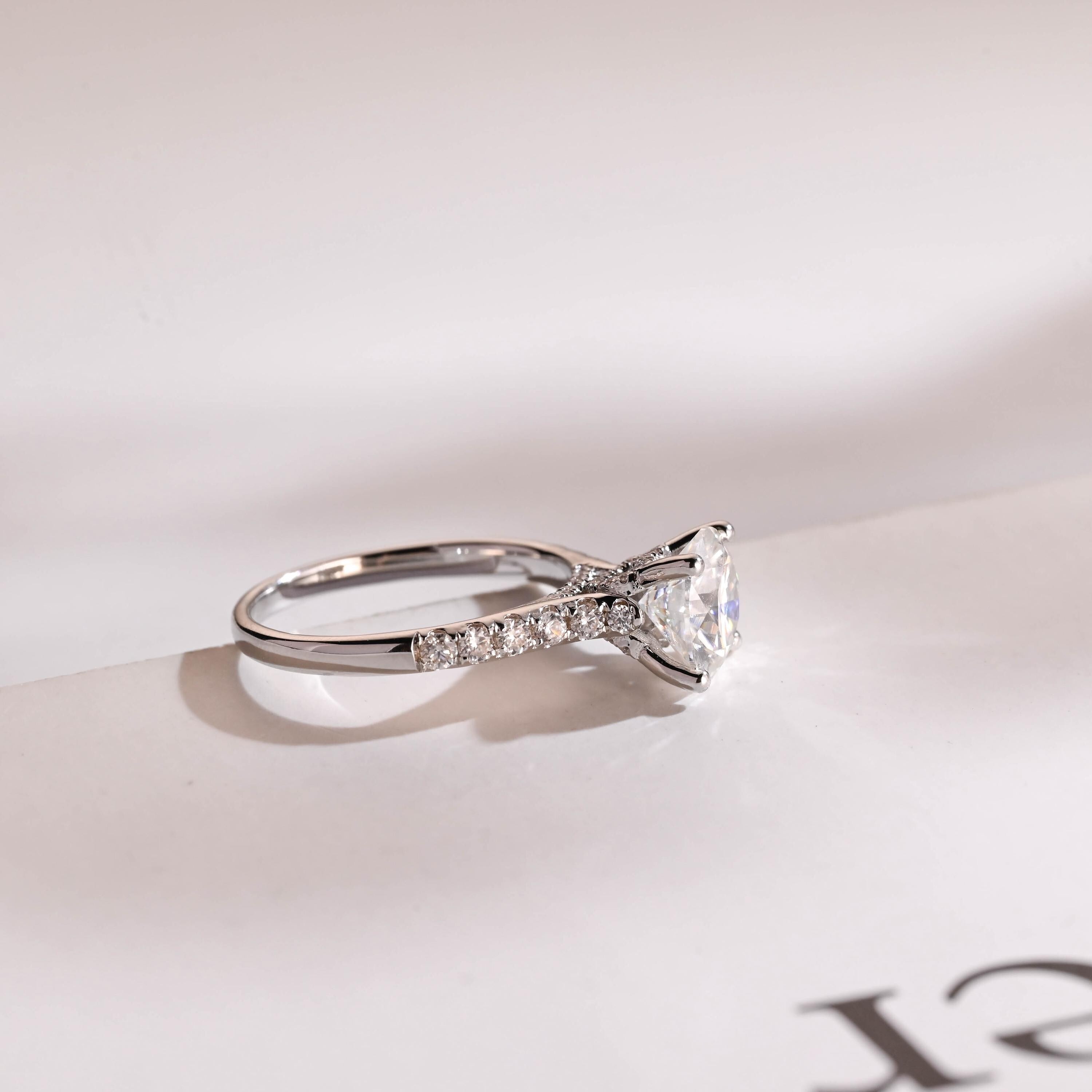 Solid Gold Hidden Halo Round Moissanite Engagement Ring, Half Eternity Promise Ring