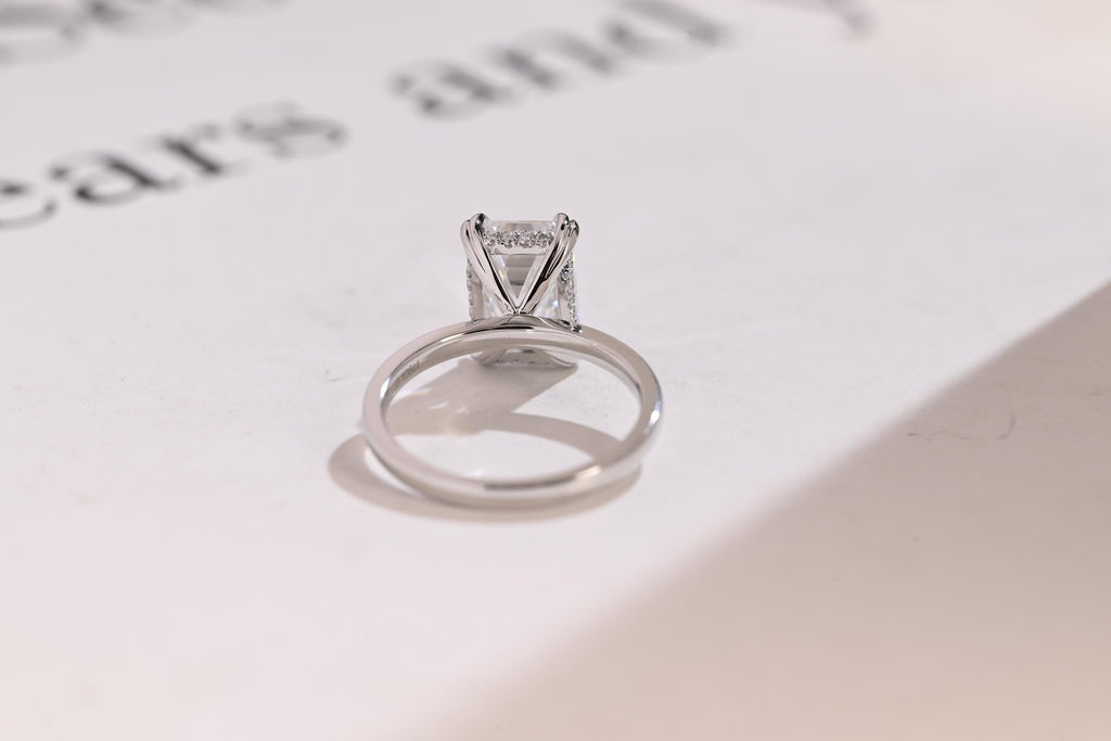 Solid Gold Double Prongs Emerald Cut Moissanite Engagement Ring, Promise Ring