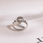 Solid Gold Emerald Cut Moissanite Engagement Ring, Beaded Halo Half Pave Ring
