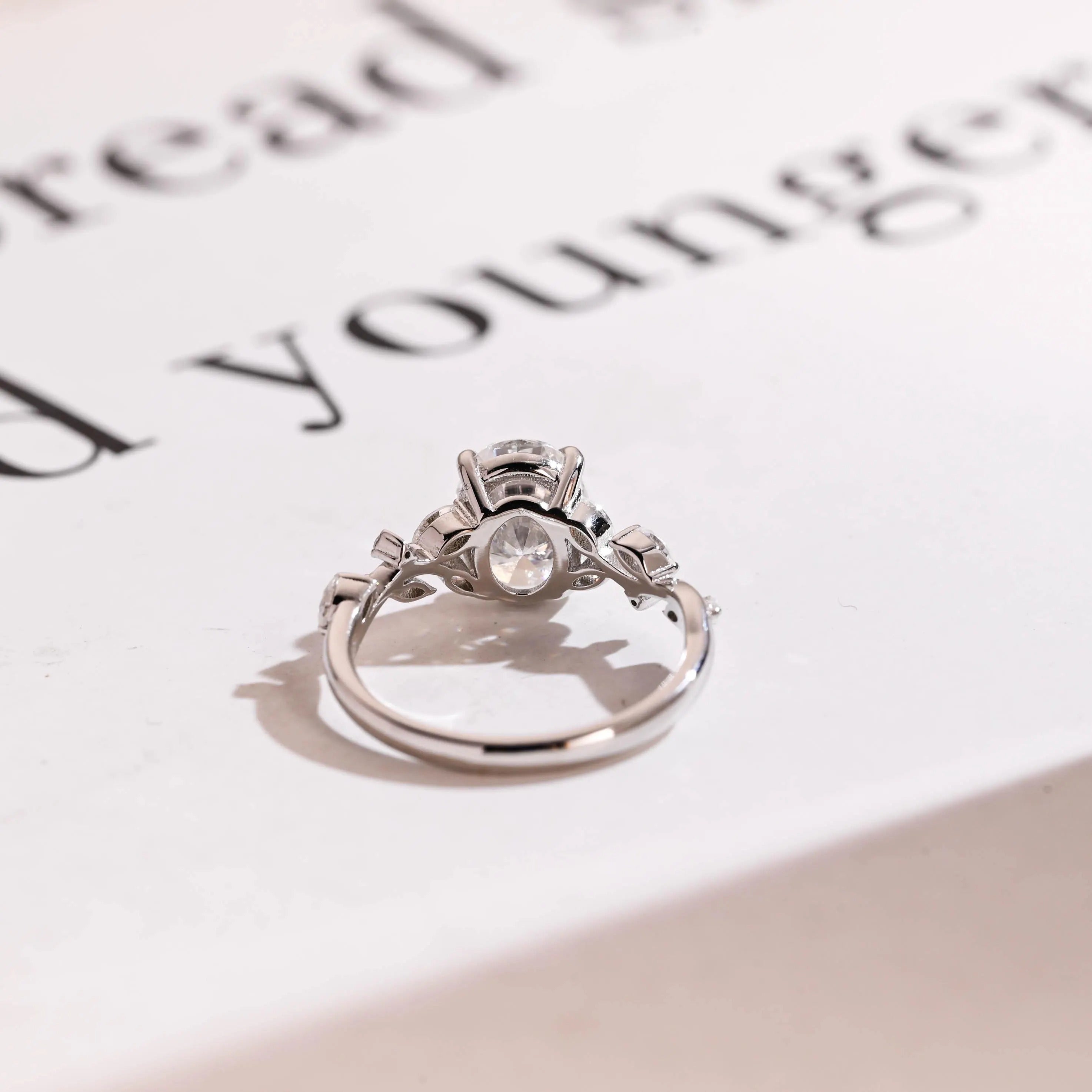 Solid Gold Oval Cut Moissanite Engagement Ring, Dainty Leaf Ring