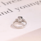 Solid Gold Bezel Emerald Cut Moissanite Engagement Ring, Dainty Cluster Promise Ring